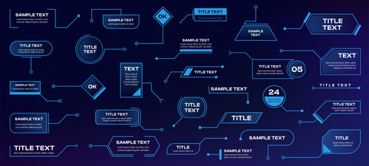 Callout shapes. Futuristic infographic elements with hologram labels, sci fi tech radar menu callout buttons and frames. Vector infographics elements collection. HUD information chart, title layout.