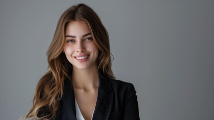 Fototapeta premium Beautiful young business woman portrait smiling cute girl with long hair studio shot isolated on gray background. A.I.