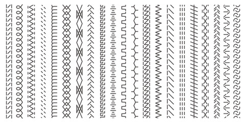Vertical seamless stitches. Black embroidery zigzag, line and fringe border stitch patterns for textile design, sewing elements. Vector isolated set. Sewing machine endless seam, stitching dividers.