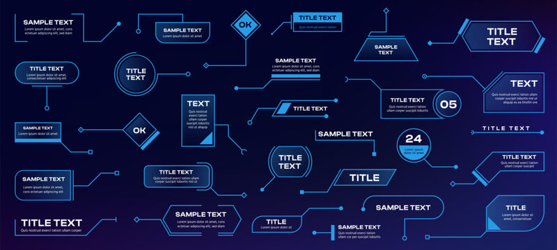 Callout shapes. Futuristic infographic elements with hologram labels, sci fi tech radar menu callout buttons and frames. Vector infographics elements collection. HUD information chart, title layout.