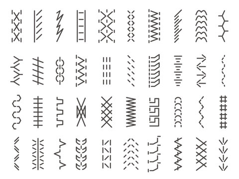 Sewing machine stitches. Embroidery zigzag straight overlock and fringe details, sewing textile ornament and seam structure. Vector isolated set. Stitch pattern thread borders, needlework texture