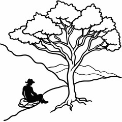 A hiker resting under a large, gnarled tree on a hillside vector