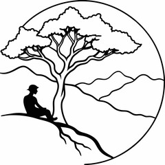 A hiker resting under a large, gnarled tree on a hillside vector