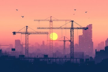 Progress at Construction Site - Minimalist Cranes and Scaffolding Flat Illustration