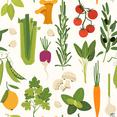 Italian herbs pattern. Seamless print of Mediterranean vegetables and farm plants with basil parsley rosemary chili garlic onion tomato, leafy plants. Vegan food, mix salad ingredients vector texture.