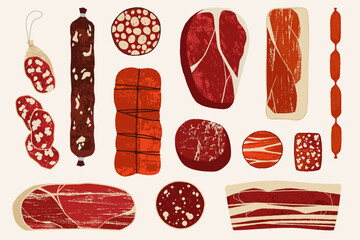 Cartoon meat products. Doodle bbq pork beef poultry salami frankfurters sausages, delicatessen dried meat. Fresh farm ribs and steak, bacon and barbecue butchery product menu vector isolated set.