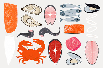 Cartoon seafood. Hand drawn marine fish and shellfish, doodle octopus squid crab oyster mussels for restaurant menu. Vector isolated set.