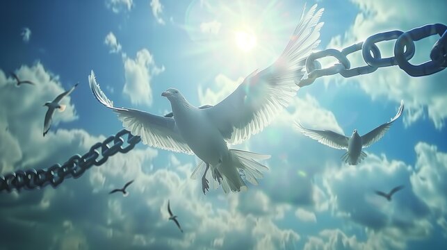 On the wings of freedom - birds flying and broken chains - charge concept.