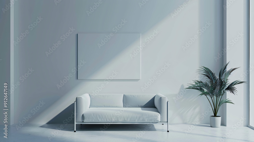 Poster sunlight casting shadows in a white living room with a sofa and a large empty frame