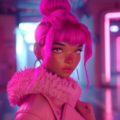 An animated young woman with pink hair in a neon-lit environment, showcasing a modern and edgy style.