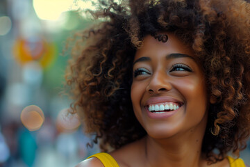 Portrait of a happy young Brazilian girl, smiling in an outdoor sunset, surrounded by greenery.
