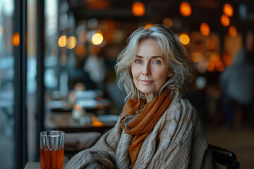 An elegant elderly woman enjoys a moment of tranquility in a cozy cafe, wrapped in a soft scarf, with a glass of tea beside her, surrounded by warm, inviting lights