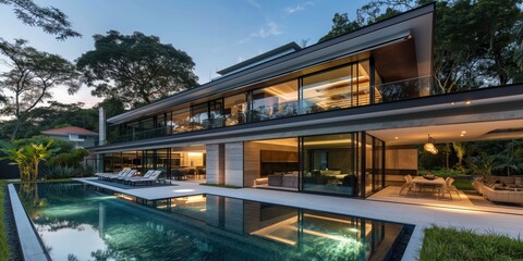Fototapeta premium Modern luxury two-story villa with a swimming pool and warm interior lighting at dusk, surrounded by lush tropical forest.