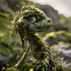 An animated depiction of a green reptilian creature with a curious expression, set in a natural environment.