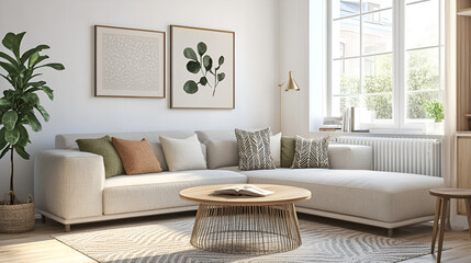 Fototapeta premium Small Modern Minimalist Living Room with Gray Sectional