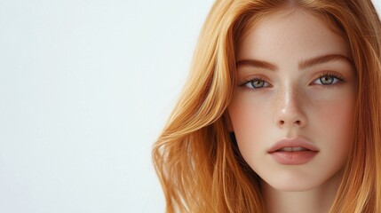 Naklejka premium Beautiful young woman with golden red hair and clear blue eyes against a light background