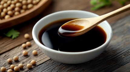 Wooden spoon scooping soy sauce from a white bowl on a wooden table with soybeans scattered around