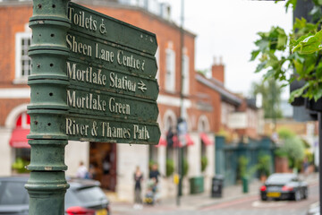 LONDON- Directional local signage for pedestrians in Mortlake, south west London to Mortlake...