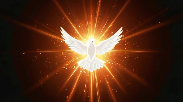 holy spirit as a white dove in rays of light isolated on black, symbolizing Christian enlightenment and peace in cartoon flat design style animation  -- 4k stock video footage AI