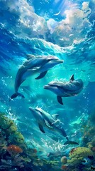 Fototapeta premium Three dolphins swimming in the deep blue ocean near colorful coral reef. Bright sunlight filters through water, creating serene and magical ambiance.