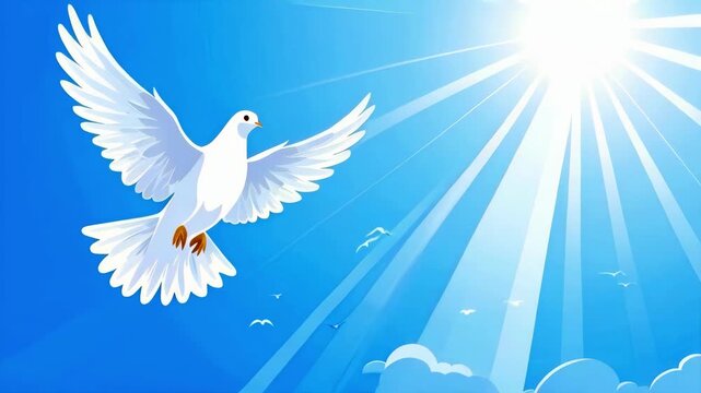 holy spirit as a white dove in rays of light isolated on blue sky, symbolizing Christian enlightenment and peace in cartoon flat design style animation  -- 4k stock video footage AI