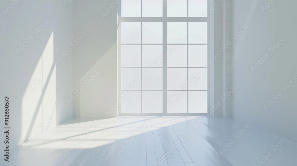 Poster Sunlight creates geometric shadows in an empty white space