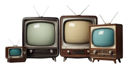 Retro old televisions pile on floor in front with clipping path isolated on transparent background. Antique and vintage style, TVs blank screen display