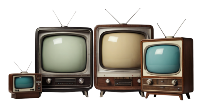 Retro old televisions pile on floor in front with clipping path isolated on transparent background. Antique and vintage style, TVs blank screen display