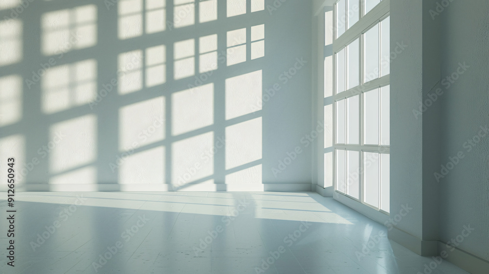 Poster Sunlight streaming through a window is creating geometric shadows on a white wall from the window frame