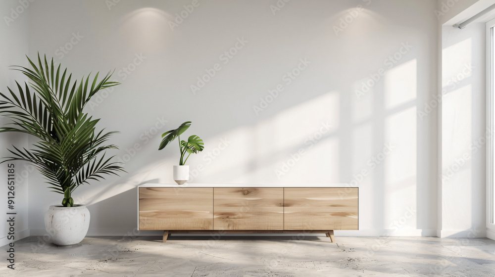 Aufkleber sun shining through windows in a modern minimalist living room with retro style sideboard