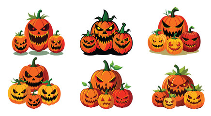 Set of Flat Vector Halloween Pumpkins. Assortment evil pumpkins