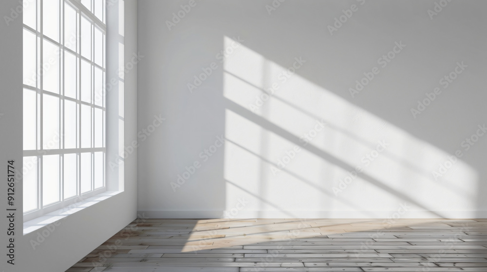 Poster Sunlight streams through window, illuminating empty room with white walls and wood floor