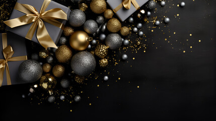 Naklejka premium Christmas Gold Decorations and Gifts on Black Background