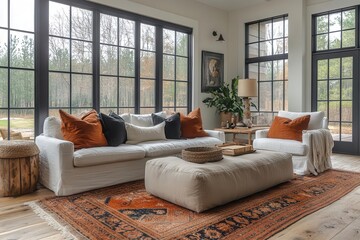 Fototapeta premium rustic farmhouse living room with a blend of vintage and modern elements natural textures warm wood tones and soft fabrics create a cozy inviting atmosphere bathed in natural light