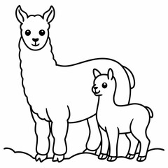 A beautiful Alpaca is standing with baby on the grass art vector illustration