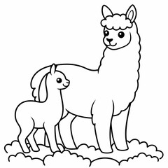 A beautiful Alpaca is standing with baby on the grass art vector illustration