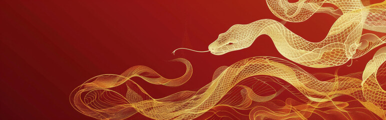 abstract, minimalist silhouettes of snakes in gold on a deep red background, celebrating the Chinese New Year of the snake with elegance and simplicity.