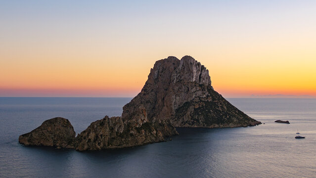 Aerial sunset photo of Es Vedra island, off the coast of Ibiza, Spain