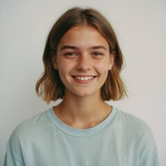 Smiling Young Girl with Short Hair in Casual Blue T-shirt, against white Background 