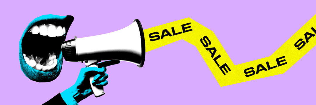 Banner. Contemporary art collage. Blue mouth shouting to megaphone holding by hand against purple background. Vintage style. Concept of Black Friday, shopping, special offer, Cyber Monday, delivery. - Powered by Adobe