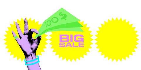 Poster. Contemporary art collage. Hand with holds green bills against yellow starburst background with text BIG SALE in pink. Vintage style. Concept of Black Friday, special offer, Cyber Monday
