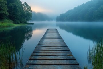 Obraz premium serene lakeside scene at dawn with a wooden pier stretching into misty waters surrounded by lush green forests