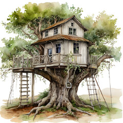  A treehouse watercolor drawing white background. generated by AI