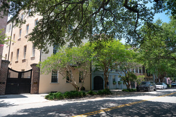 Architecture of Charleston in South Carolina. Old houses in pastel colors.