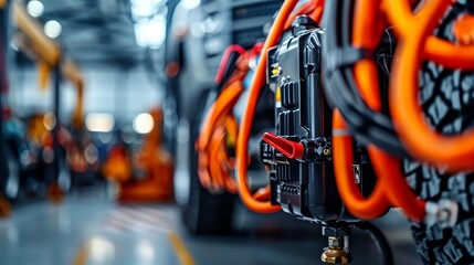 Portable air compressor inflating large vehicle tires, rugged outdoor setting Versatile and strong, durable and essential, onthego equipment