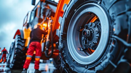 Fototapeta premium Portable air compressor inflating large vehicle tires, rugged outdoor setting Versatile and strong, durable and essential, onthego equipment