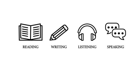 Language skill icon set speaking listening reading writing education test logo vector illustration circle symbol