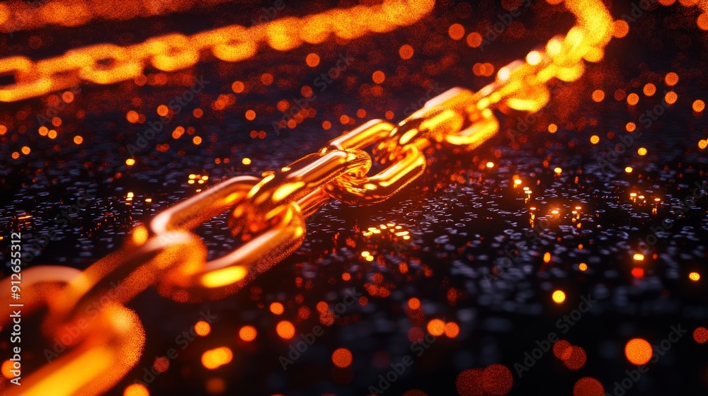 Poster on a dark background, a futuristic binary code link chain is displayed