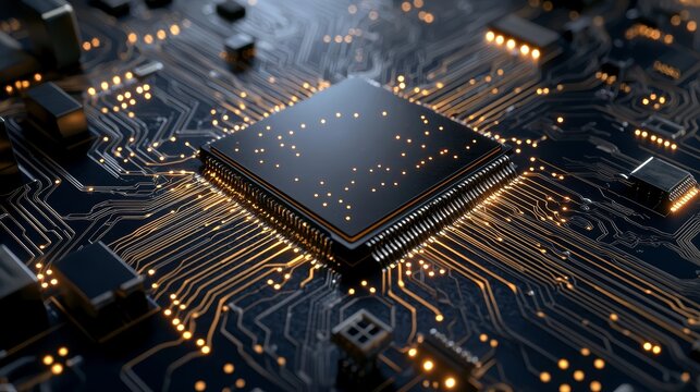 A close-up of a glowing microprocessor on a circuit board. The image depicts the intricate design and complexity of modern technology.
