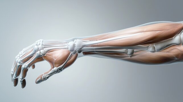 A detailed anatomical illustration of a human arm, showcasing the skeletal structure and musculature.